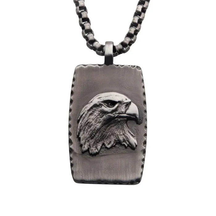 Inox Gun Metal IP Stainless Steel 24-inch Dog Tag with Eagle Inlay