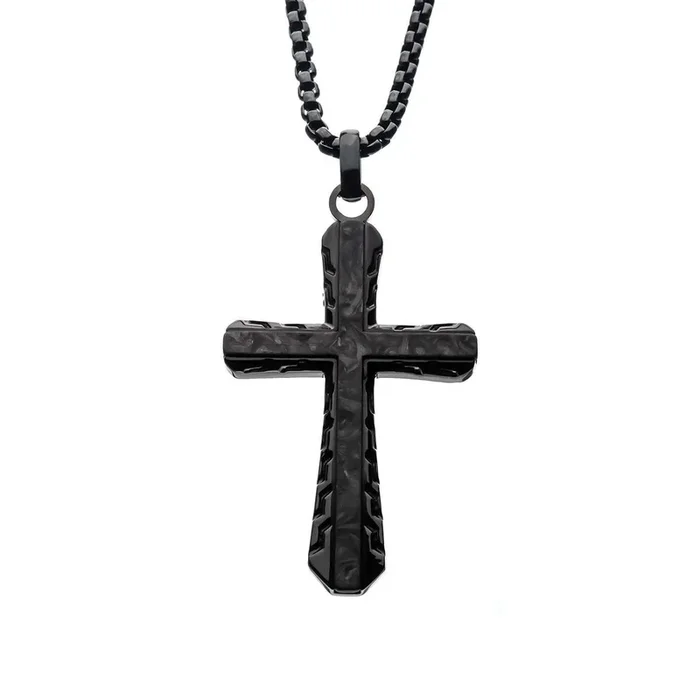 Inox Stainless Steel Black Carbon Graphite 24-inch Sepulchre Cross Pendant
