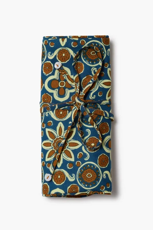 Jewelry Roll Up Case Tile Blue