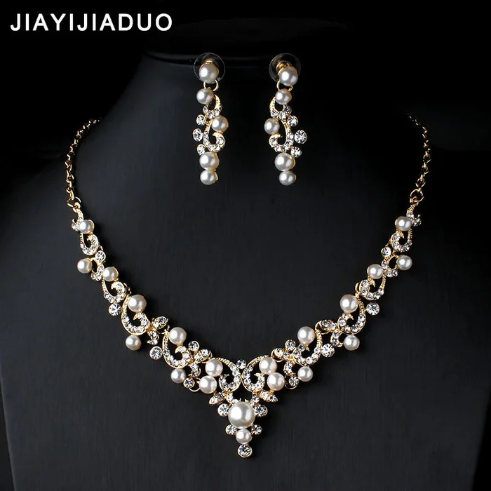 jiayijiaduo Crystal Bridal Jewelry Set Gold Color Imitation Pearl Rhinestone Women’s Party Necklace Set Wedding Jewelry Direct