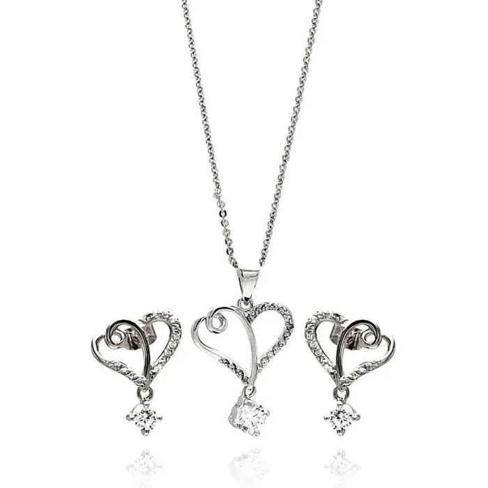 Juego de aretes colgantes y collar colgante con circonita cúbica de doble corazón abierto chapado en rodio de plata 925 – BGS00266
