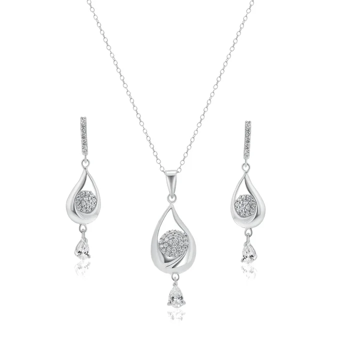 Juego de aretes colgantes y collar colgante con circonita cúbica transparente en forma de lágrima chapada en rodio de plata 925 – BGS00210