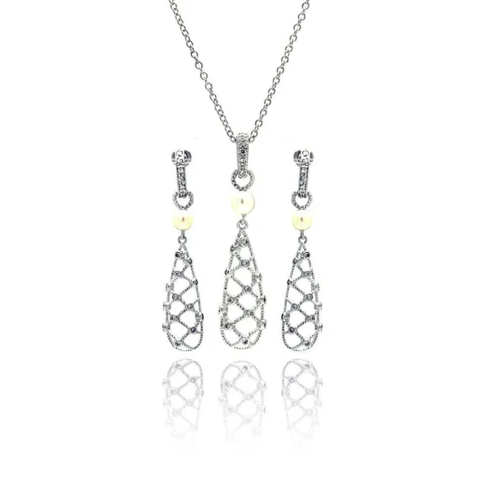 Juego de aretes colgantes y collar colgante con circonita cúbica transparente y perla en forma de red chapada en rodio de plata 925 – BGS00143