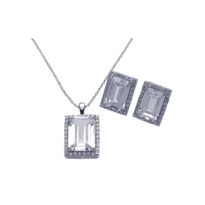Juego de aretes y collar con circonita cúbica cuadrada chapada en rodio en plata 925 – STS00275CLR