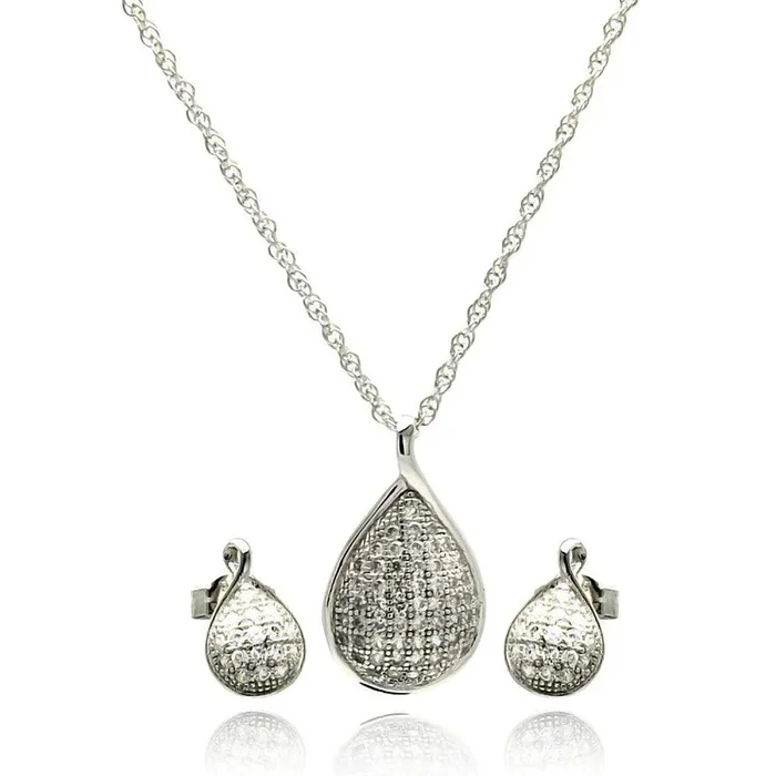 Juego de aretes y collar con circonita cúbica en forma de lágrima chapados en rodio en plata 925 – STS00414