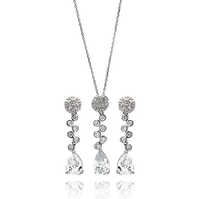 Juego de aretes y collar con circonita cúbica en forma de lágrima y redondo transparente chapado en rodio en plata 925 – BGS00293
