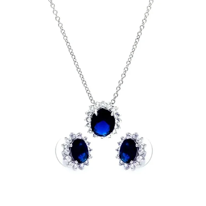 Juego de aretes y collar con circonita cúbica ovalada en racimo azul y transparente chapado en rodio en plata 925 – BGS00172