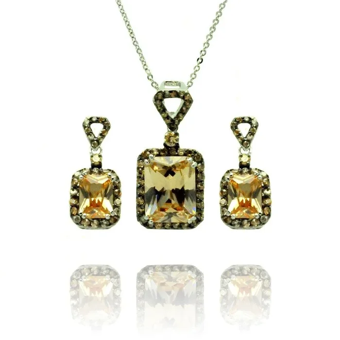 Juego de aretes y collar con circonita cúbica redonda y rectangular, chapado en rodio negro, plata 925, BGS00375