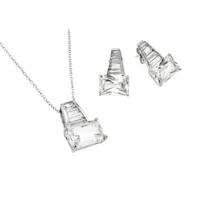 Juego de aretes y collar con circonita cúbica transparente bañada en rodio en plata 925 – BGS00376