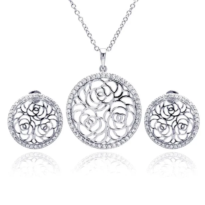 Juego de aretes y collar con circonita cúbica transparente, con forma de rosa y flor chapada en rodio, plata 925 – BGS00178