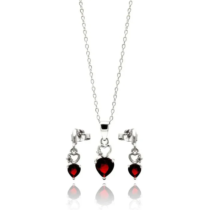 Juego de aretes y collar con forma de corazón rojo graduado abierto chapado en rodio en plata 925 – STS00438