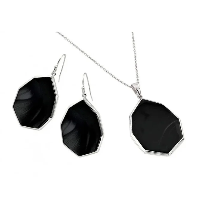 Juego de aretes y collar con gancho colgante octágono en forma de lágrima chapado en rodio de plata 925 – STS00483