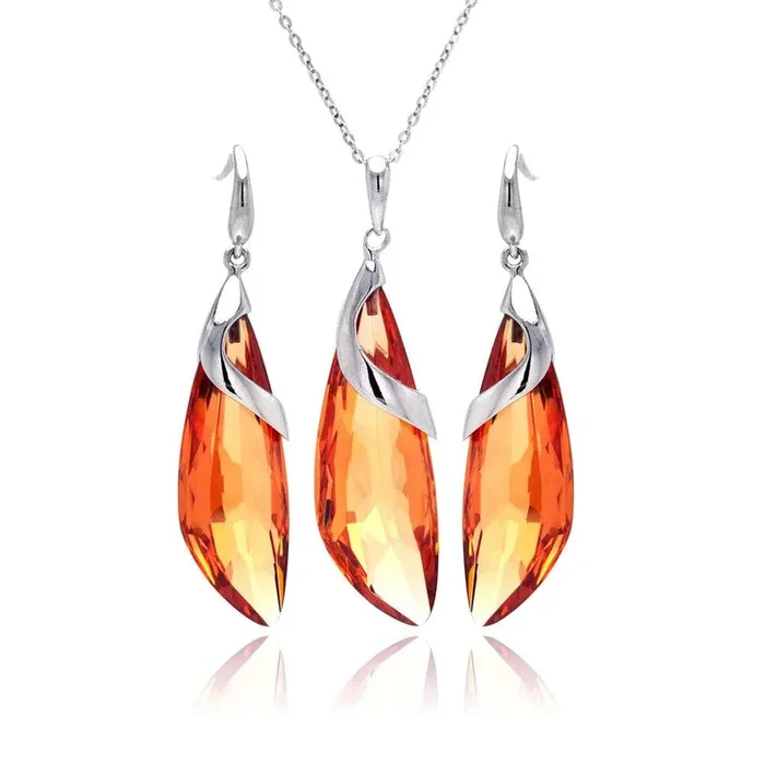 Juego de aretes y collar con gancho de circonita cúbica y gota de champán chapado en rodio en plata 925 – BGS00221CH