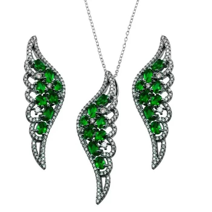Juego de colgante y pendientes de ala en plata de ley 925 rodiada negra con circonita verde – BGS00566GRN