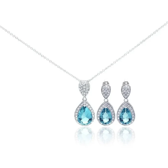 Juego de collar y aretes colgantes con circonita azul chapada en rodio en plata 925 – STS00257BL