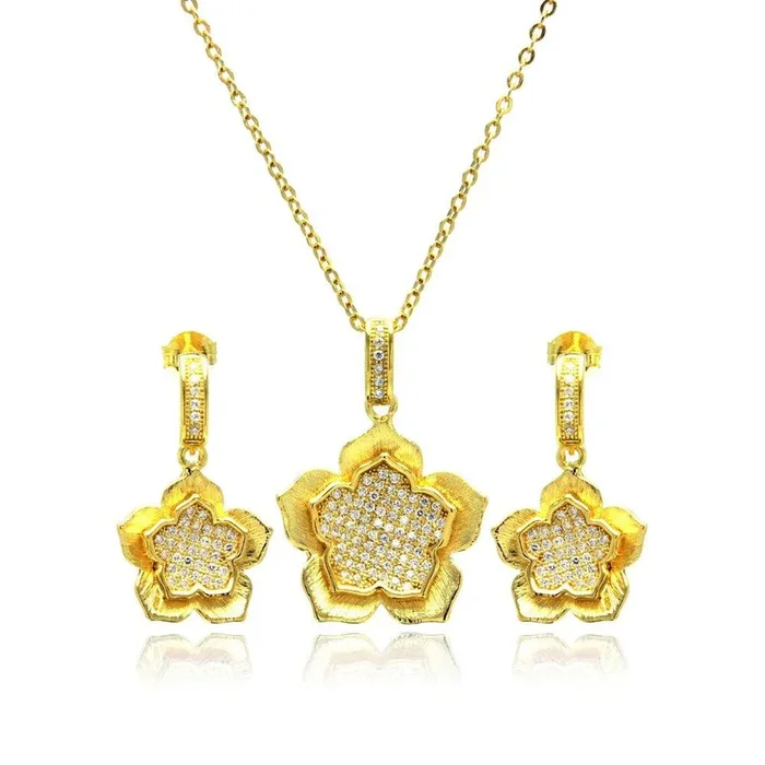 Juego de collar y aretes colgantes con circonita cúbica de flor transparente chapado en oro de plata 925 – BGS00177