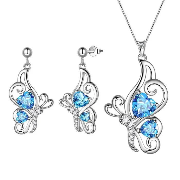 Juego de joyas de aguamarina de marzo con piedra natal de mariposa, 3 piezas, regalo de cumpleaños para mujeres y niñas