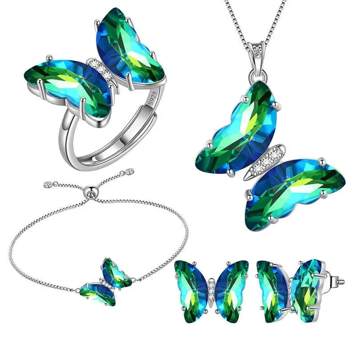 Juego de joyas de mariposa verde, 5 piezas, piedra natal de esmeralda de mayo, regalos de cumpleaños para mujeres y niñas