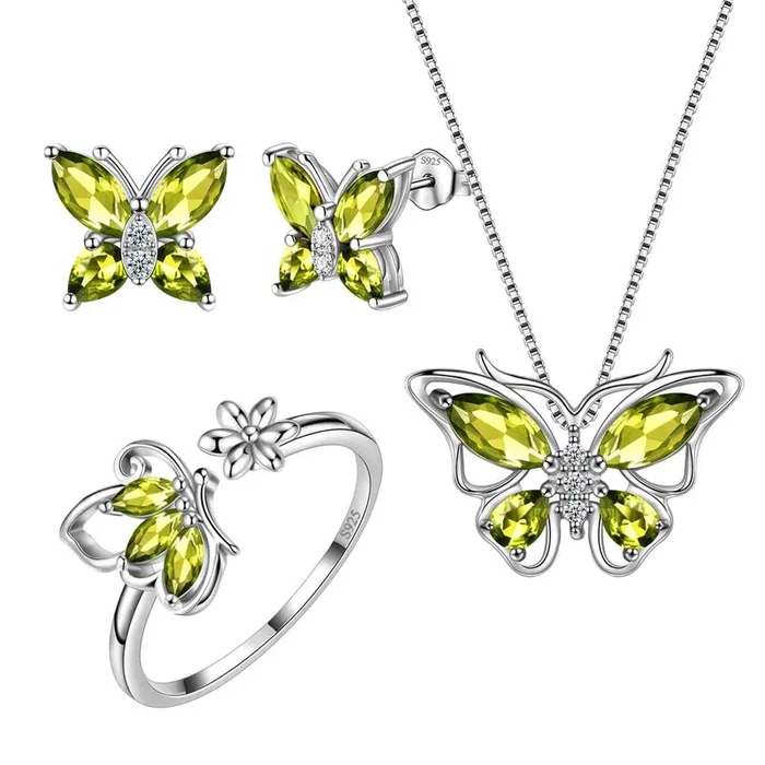 Juego de joyas de peridoto de agosto con piedra natal de mariposa, 4 piezas, regalo de cumpleaños para mujeres y niñas