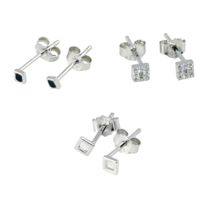 Juego de pendientes de plata de ley 925 rodiada con circonitas cuadradas lisas y circonitas negras cuadradas – STES00006