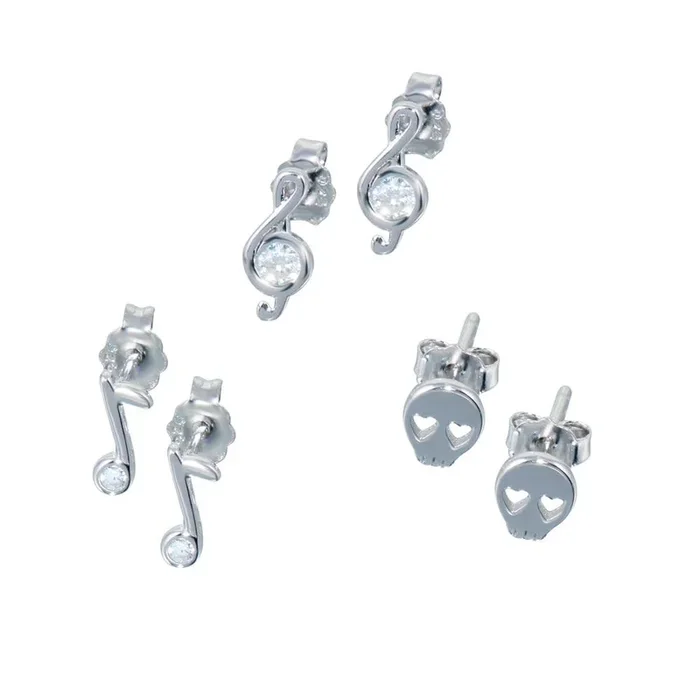 Juego de pendientes de plata de ley 925 rodiada con circonitas y calavera con nota musical – STES00011