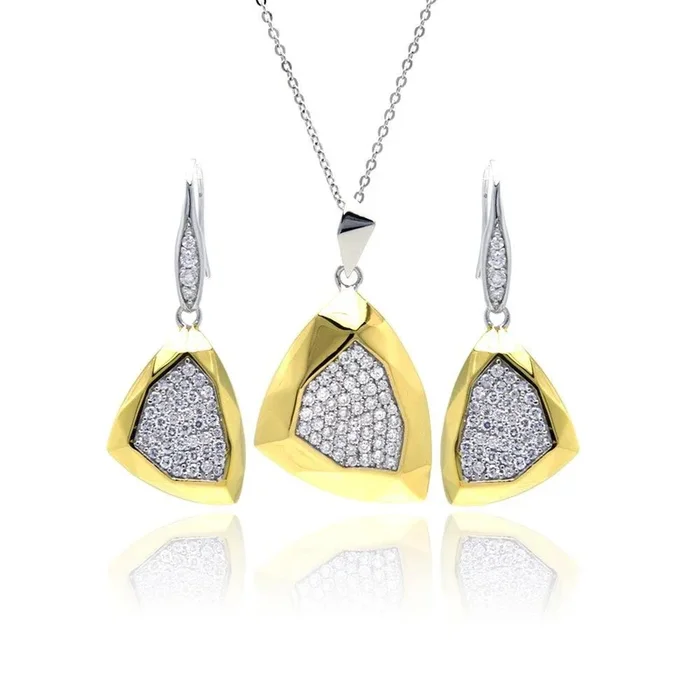 Juego de pendientes y collar con forma de triángulo martillado chapado en oro y rodio de plata 925 – BGS00128