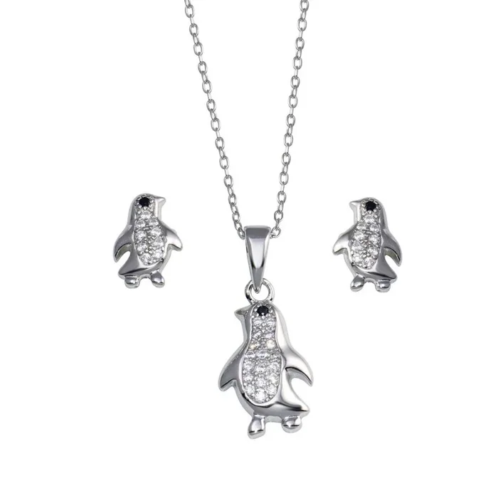 Juego de pingüinos con circonitas cúbicas en plata de ley 925 rodiada – STS00532