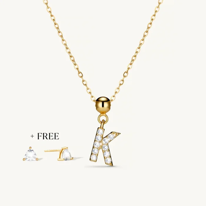 K Diamond Initial Charm Necklace + FREE Diamond Trio Studs Gold