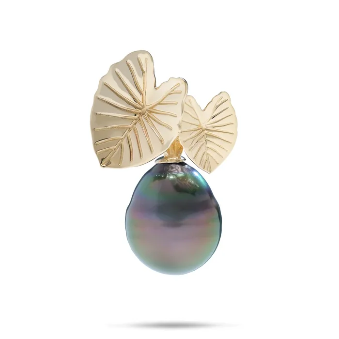 Kalo Circle Tahitian Black Pearl Pendant in Gold – 12-15mm