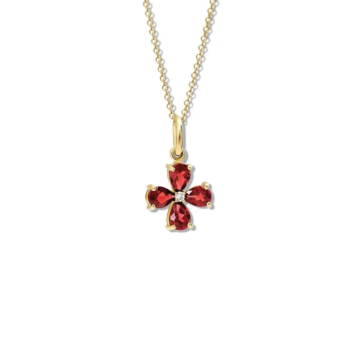 Klover Medium Flower Necklace Pendant Yellow Gold – Garnet & Diamond