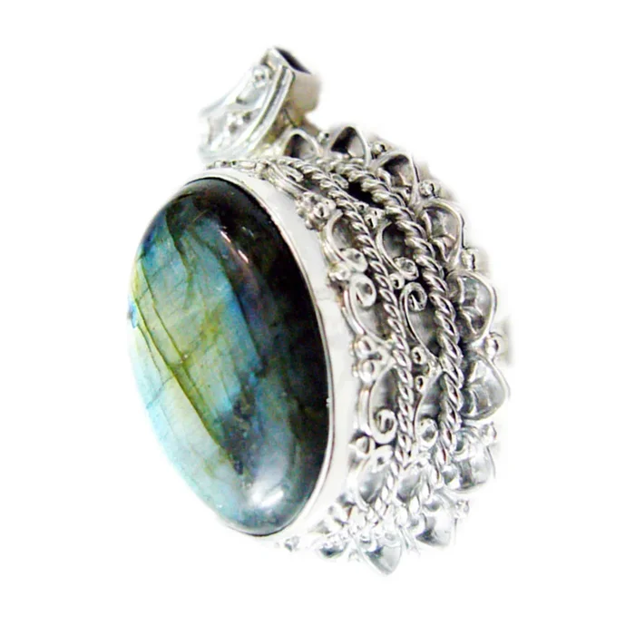 Labradorite Statement Latin American 925 Silver Solitaire Zoe Rope-Wire Gray Pendant Jewelry