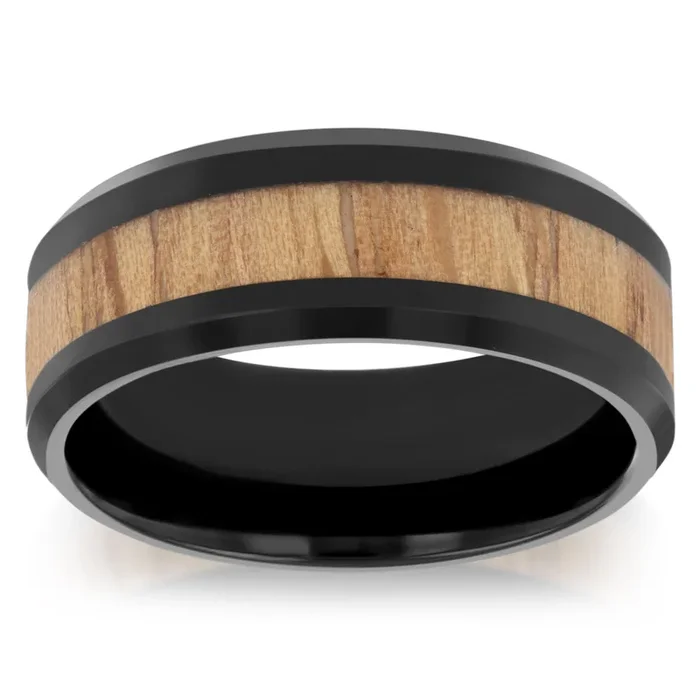 Laminated Stainless Steel Black Ring with Wood Inly