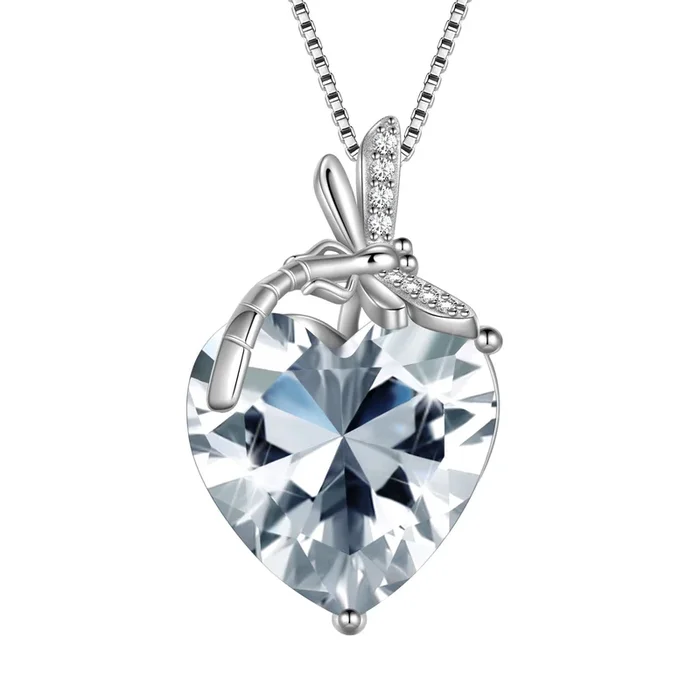 Libellen-Halskette mit Herz, Geburtsstein April, Diamant-Zirkonia-Anhänger aus 925er Sterlingsilber, Weiß, Schmuck, Geschenk für Frauen zum Geburtstag, zu Weihnachten oder zum Muttertag