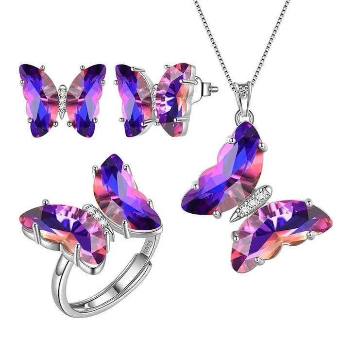 Lila Schmetterlings-Schmuckset, 4-teilig, Februar-Amethyst-Geburtsstein, Damen- und Mädchen-Geburtstagsgeschenke