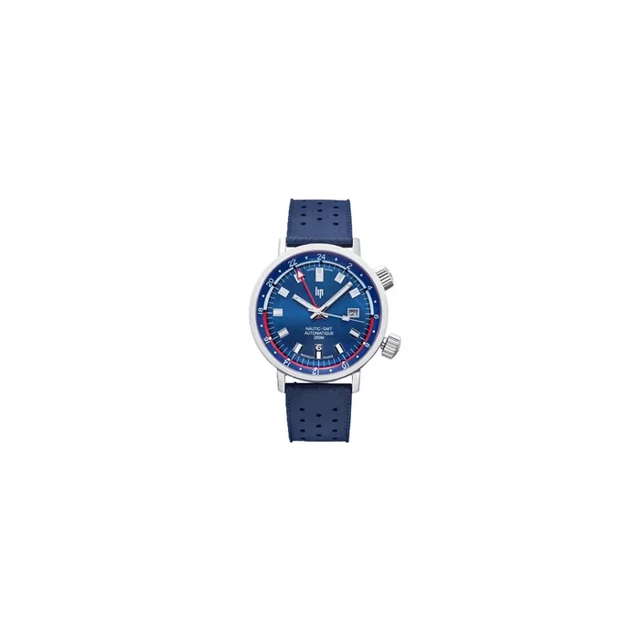 Lip Grande Nautic Ski GMT automatic watch blue dial blue perforated rubber strap 41 mm