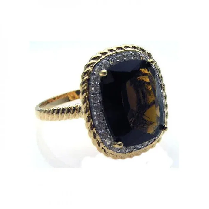 Liquidación – Anillo de plata 925 bañado en rodio y oro con centro marrón y circonitas cúbicas transparentes – STR00503