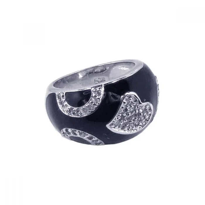 Liquidación – Anillo de plata 925 rodiada con esmalte negro y pavé de circonitas cúbicas en forma de corazón – STR00402