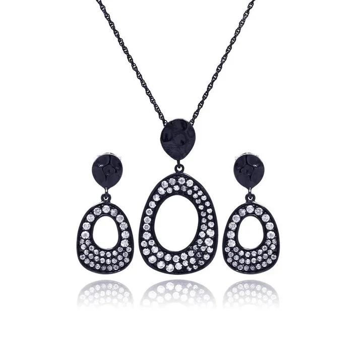 Liquidación – Conjunto de aretes y collar colgantes de circonita cúbica ovalada abierta con baño de rodio negro en plata 925 – STS00394