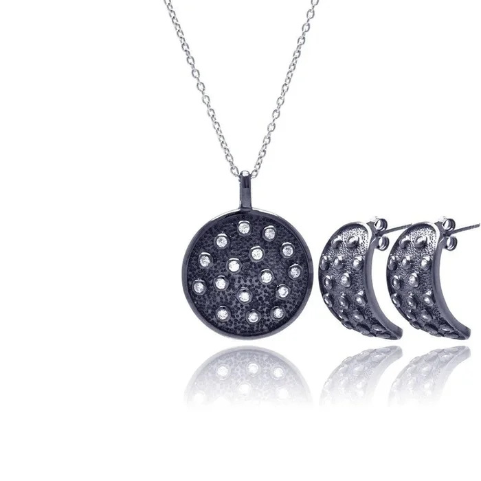 Liquidación – Conjunto de aretes y collar con circonitas cúbicas circulares en plata 925 con baño de rodio negro – STS00341