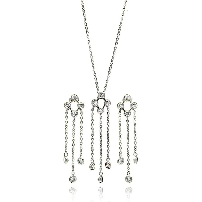 Liquidación – Conjunto de aretes y collar de circonitas redondas colgantes de múltiples vueltas con círculo abierto en plata 925 rodiada – STS00092