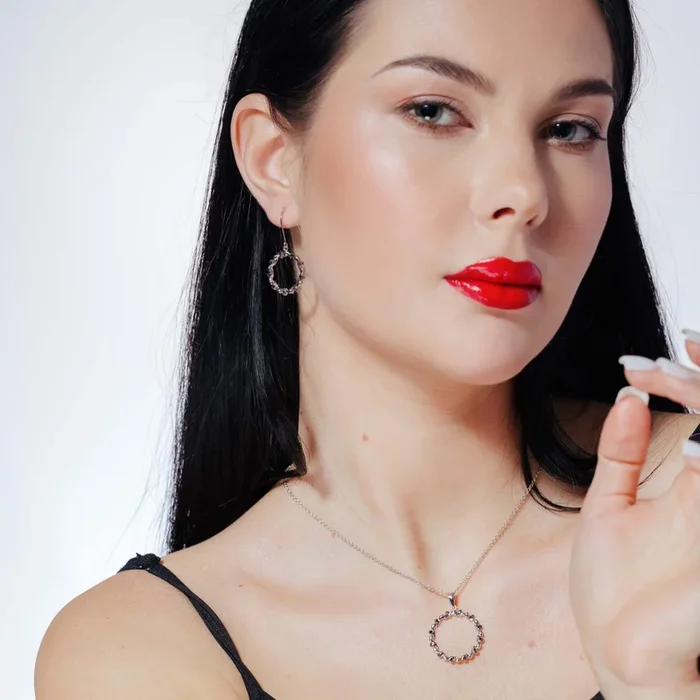 Liquidación – Conjunto de pendientes y collar con gancho de circonita negra y espiral abierta en plata 925 rodiada y rodiada negra – BGS00135