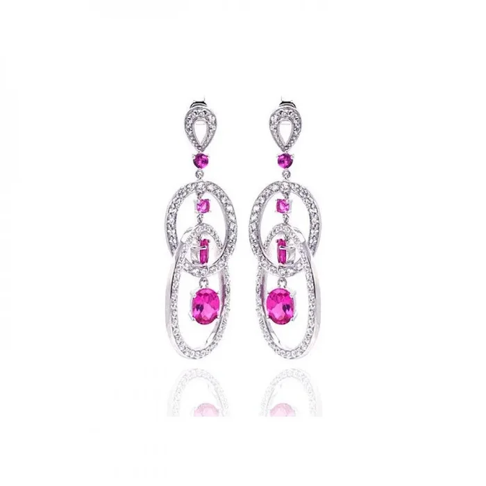 Liquidación – Pendientes colgantes de plata 925 rodiada con circonitas rosadas, múltiples círculos, ovalados, baguette y redondas – STE00937