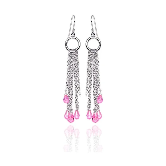 Liquidación – Pendientes de gancho colgantes con circonitas rosas en forma de lágrima y múltiples hilos en plata 925 rodiada – STE00072