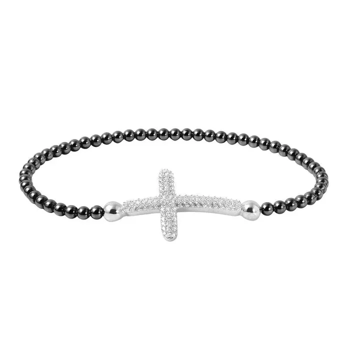 Liquidación – Pulsera italiana de cuentas con baño de rodio negro en plata 925 y cruz con incrustaciones de circonitas – ITB00195BLK-RH