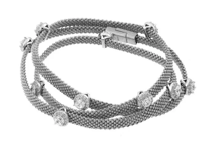 Liquidación – Pulsera italiana de cuentas de doble vuelta con circonitas transparentes y baño de rodio en plata 925 – PSB00009RH