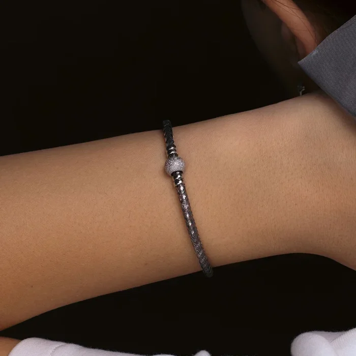 Liquidación – Pulsera italiana de plata de ley 925 con baño de rodio negro y cuentas – ITB00027BLK