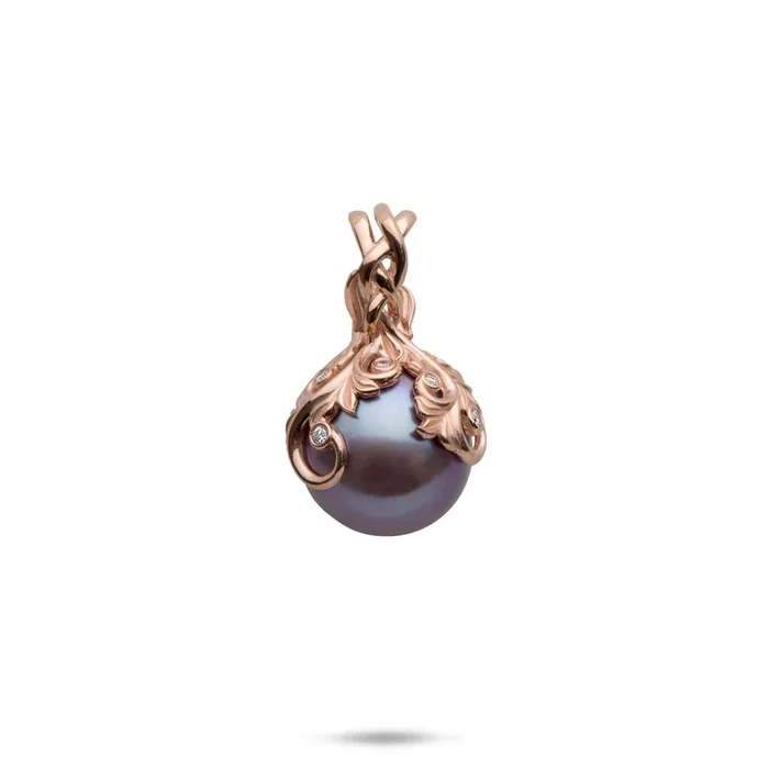 Living Heirloom Ultraviolet Freshwater Pearl Pendant in Rose Gold with Diamonds – 12-13mm