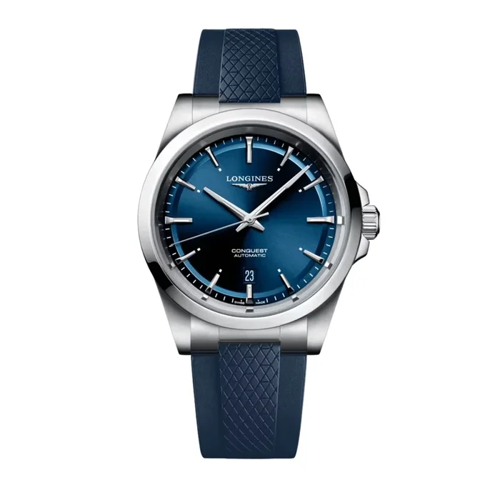 Longines Conquest automatic watch, blue dial, blue rubber strap, 41 mm L3.720.4.92.9 – Lepage