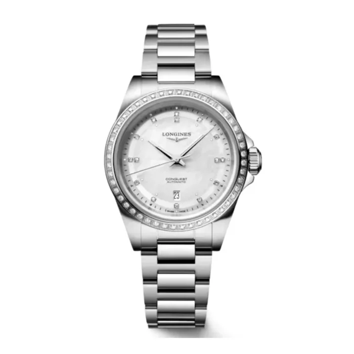 Longines Conquest automatic watch diamond markers bezel set white mother-of-pearl dial steel bracelet 30 mm – Lepage