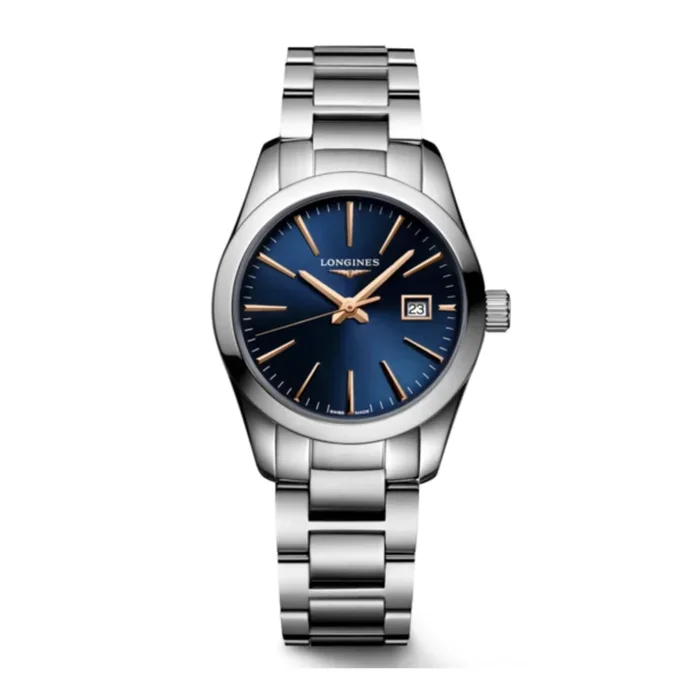 Longines Conquest automatic watch with blue dial and steel bracelet, 29.5 mm – Lepage